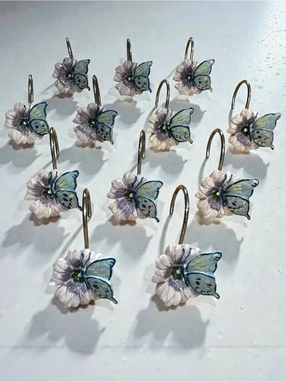 Vintage Butterfly Flower Shower Hooks - Pale Blue & Light Lavender (Set of 12)